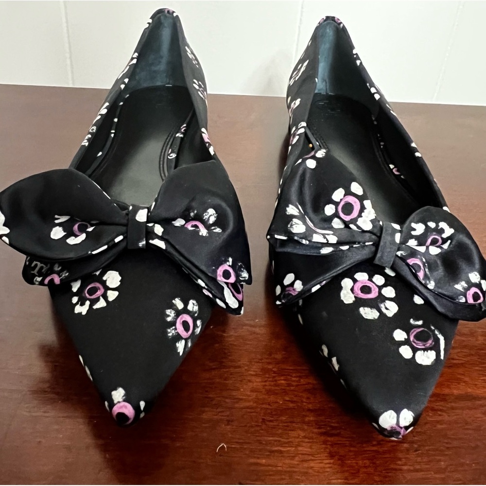 Tory Burch Ballet Flats Rosalind Black Floral Print Satin bow Size 11 NWT - Picture 8 of 11